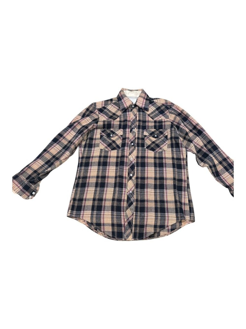 Vintage Sears Plaid Western Shirt Snap Buttons Beige & Navy Size 15 1/2 Medium